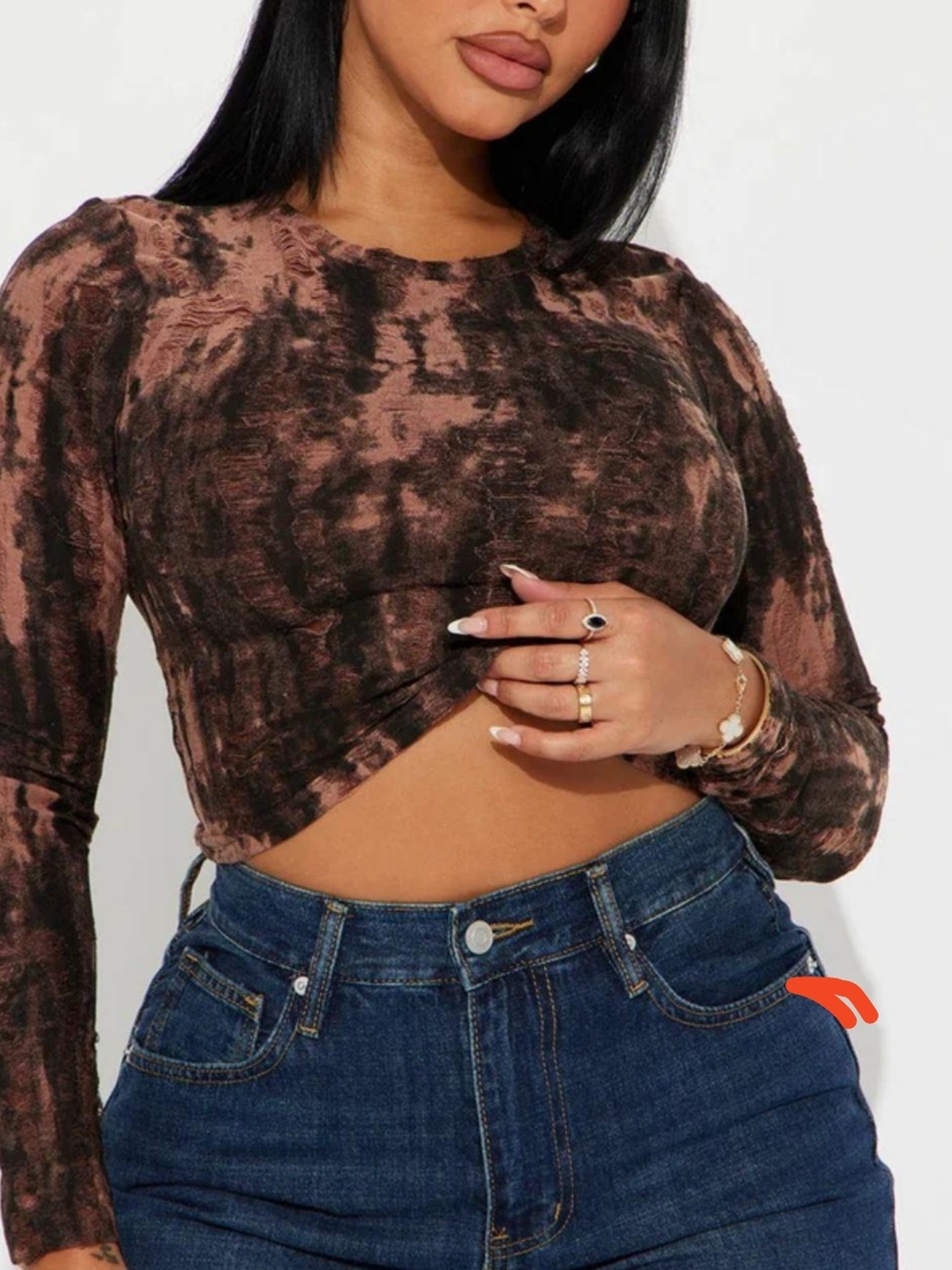 Tie-Dye Long Sleeve Crop Top - Brown/Black